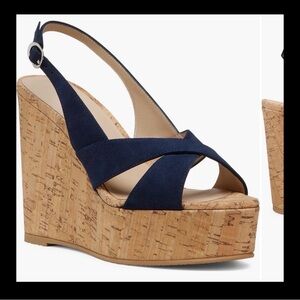 Stuart Weitzman Navy and Tan Wedge Sandals